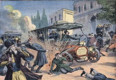 Attack mot Shahen av Persien Mohammad Ali Shah Qajar (1872-1925). Gravyr från tidningen "Le Petit Parisien"” av French School