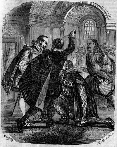 Mordförsök på Jean Chastel (Jean Chatel) (1575-1594) på kungen av Frankrike Henrik IV den 27 december 1594. Gravyr från 1800-talet. av French School