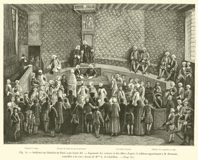 Publik på Chatelet i Paris under Ludvig XV, dom över tjuvar och flickor; från målningen som tillhör M Desmaze, rådgivare vid hovet; teckning av Mme L de Chatillon av French School