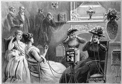 Audition av Theatrophone (teaterauditioner hemma) i loungen på ett storslaget hotell i Paris 1892. av French School