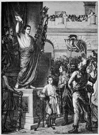 Augustus (Octavian eller Octavian) (63 f.Kr. - 14 e.Kr.) presenterar konstitutionen för deputeradena i de tre provinserna i det keltiska Gallien samlade i Lyon (år 10 e.Kr.) - i "Frankrike och fransmännen genom århundradena"" av French School