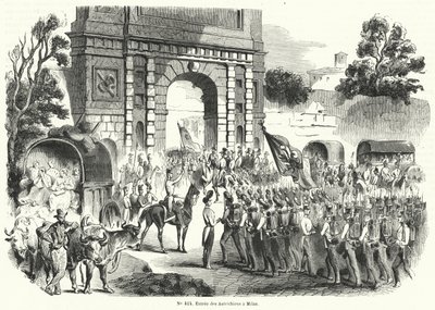 Österrikiska trupper går in i Milano, Italien, 6 augusti 1848 (gravyr) av French School