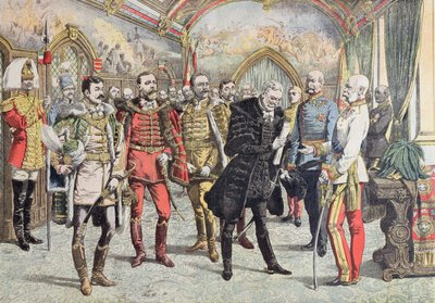 Österrikisk-ungerska krisen - mottagande av ungerska magnater av kejsar Franz Josef, illustration från Le Petit Journal, 15 oktober 1905 av French School