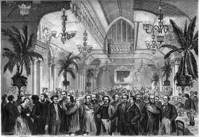 Bankett för tidningen ""Le Figaro"", som ges den 6 februari 1864 i salongen på Restaurant du Passage des Princes i Paris, där journalister, författare, konstnärer... Närvarar, från vänster till höger: Nestor Roqueplan , Mme Ugalde , de Montaut, Peter