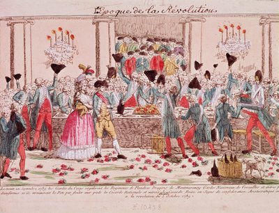 Bankett anordnad den 1 oktober 1789 av kungens livvakter för att välkomna ankomsten av Flanderns regemente (gravyr) av French School