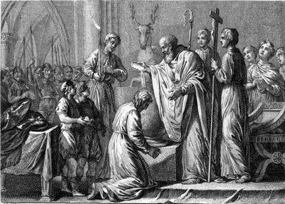 Dop av Clovis 1, 25 december 496: frankernas kung (466-511) döps av Saint Remi (437-533), eveque av Reims, i kyrkan Saint Martin. Gravyr av 1700-talet. av French School