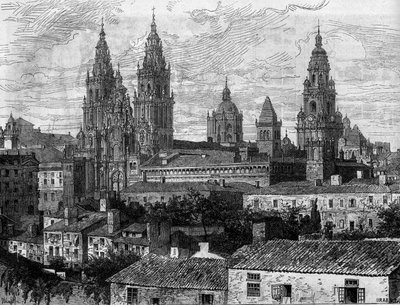 Barockkonst: utsikt över katedralen i Santiago de Compostela (Santiago de Compostela). Spanien. Gravyr i "" Le Monde Illustré"" nr 1220 av 14 augusti 1880. av French School