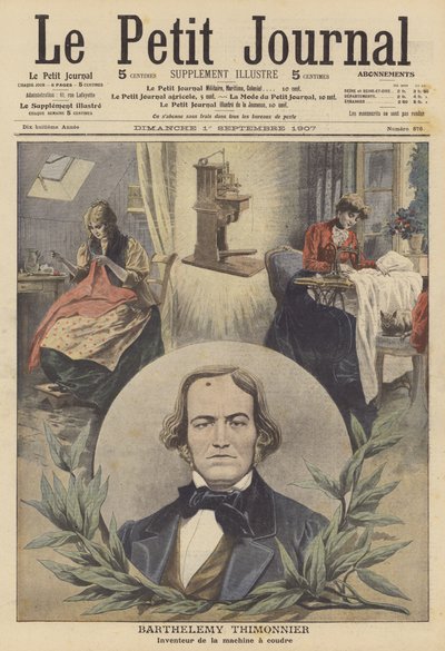 Barthelemy Thimonnier, fransk uppfinnare av symaskinen (färglitografi) av French School