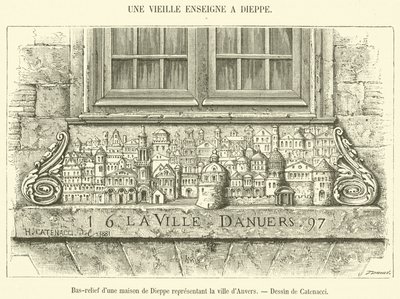Basrelief av ett hus i Dieppe som representerar staden Antwerpen (gravyr) av French School