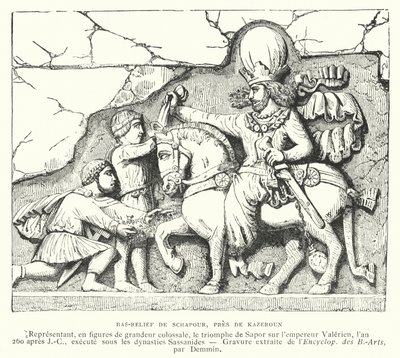 Basrelief nära Kazerun, Iran, som visar den sasaniske kungen Shapur I:s seger över den romerske kejsaren Valerianus i slaget vid Edessa, 260 (gravyr) av French School
