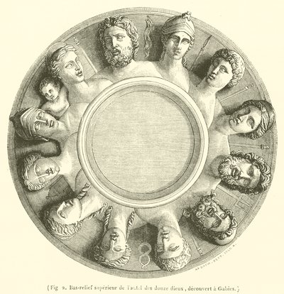 Övre basrelief av de tolv gudarnas altare, upptäckt i Gabies (gravyr) av French School