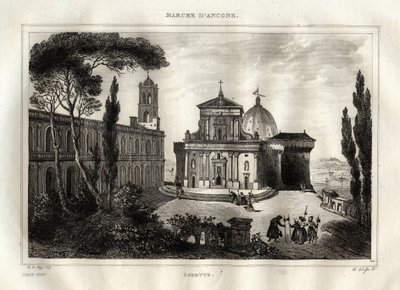 Basilica della Santa Casa - Loreto - Lorette helgedom - Loreto - Basilica of Our Lady of Loreto - Holy House of Loreto eller House of Nazareth - Gravyr från "" Pittoreska Italien"" - Historisk och beskrivande målning av Italien"" av M. de Norvins, Ch. N av French School