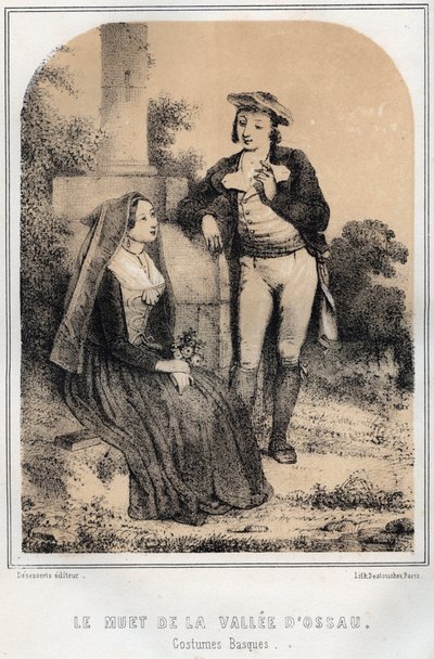 Baskiska kostymer - Ossaudalens stumma - gravering i "Les soirees de mon uncle souvenirs et recits de voyages" av MORING MICHEL - Slutet av 1800-talet av French School