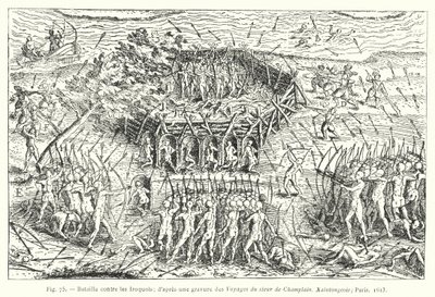 Strid mot Iroquois; efter en gravyr från Sieur de Champlains resor, Xaintongeois, Paris av French School