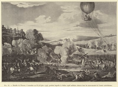 Slaget vid Fleurus, 8 Messidor år II (26 juni 1794), under vilken den fångna militärballongen observerar den österrikiska arméns alla rörelser (gravyr) av French School