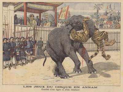 Kamp mellan en elefant och en tiger på en cirkus i Annam, Indokina (färglitografi) av French School