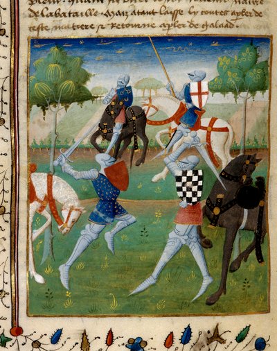 Slag mellan riddaren Palamede och Artus (eller Arthur) den lilla miniatyren från manuskriptet "The novel of Tristan" riktat till mästaren Charlkes från Maine av French School