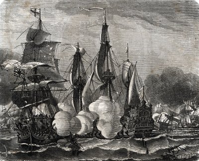 "Slaget vid Bantry Bays flotta engagemang utkämpades den 11 maj 1689, en vecka före deklarationen av det nioåriga kriget (Slaget vid Bantry Bays flottangrepp utkämpades den 11 maj 1689, en vecka före deklarationen av det nioåriga kriget) Gravyr från Lahure av French School