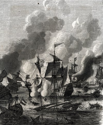Slaget vid Lagos var ett sjöslag under nioåriga kriget den 27 juni 1693 (gravyr) av French School