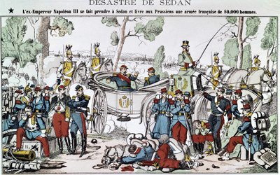 Slaget vid Sedan 1870. Den före detta kejsaren Napoleon III fastnar i Sedan och levererar till preussarna en fransk armé på 80 000 man, bild av en ryggrad. av French School