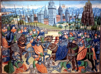 Slaget mellan korsfarare och hedniska trupper nära staden Aleppo,ca 1464 (manuskript) av French School