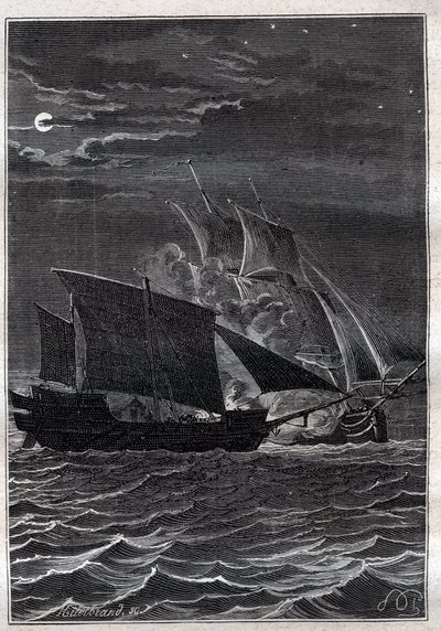 Slaget om svalan och en malaysisk paro: Svalskeppet av Philip Carteret eller Philippe de Carteret (1733-1796) kämpade med ett malaysiskt piratskepp i de indonesiska vattnen 1767 - illustration från "The Great Mariners of the 18th century"" av French School