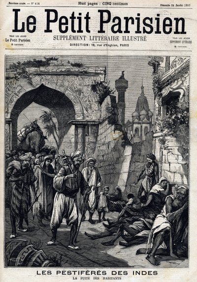 Stranddrabbade Indien, invånare hittar epidemin innan de drabbas av digerdöden. Den engelska tidningen Le petit Parisiens förstasida. 24 januari av French School
