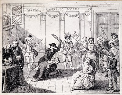 Beaumarchais piskas i Saint Lazare - scen med Beaumarchais som håller i broschyren för Folle journee - från ap. målning av Comedie Francaise, gravyr av French School