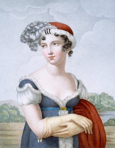 Vacker dam klädd i polonaisestil, graverad av L. Dibart av French School