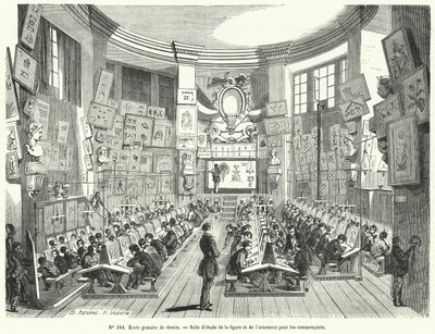 Nybörjarklass i en fri ritskola, Frankrike (gravyr) av French School