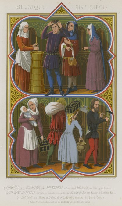 Belgiska 1300-talsskildringar av lantarbetare, bourgeoisi, allmogen och en murare av French School