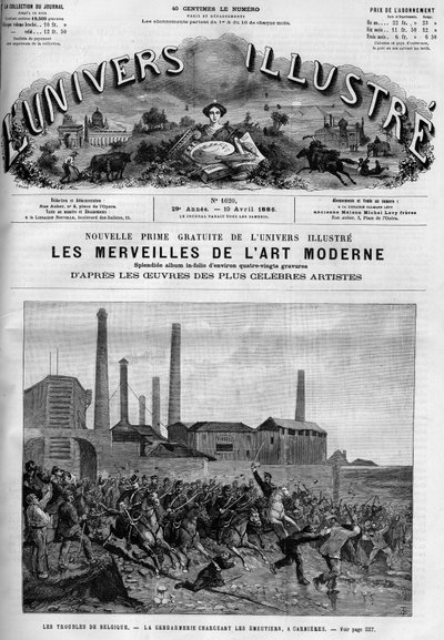 Belgiska arbetare strejkar: polisen lastar ryttarna i Carnieres. En tidning. Gravyr i "" Le Monde Illustré"" av French School