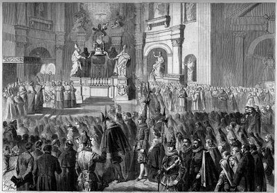 Välsignelse av påven Pius IX (1792-1878) av altaret på predikstolen i Peterskyrkan i Rom, efter restaurering. Altare byggt mellan 1656 och 1658 av Gianlorenzo Bernini (Bernini av French School