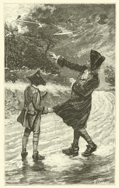 Benjamin Franklin flyger sin drake (gravyr) av French School