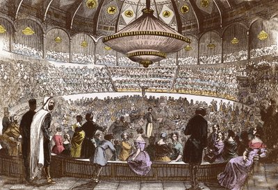 Berlioz dirigerar sin konsert den 19 januari 1845 på Cirque Olympique i Paris - Hector Berlioz (1803-1869), i hallen på den olympiska cirkusen på Champs Elysees i Paris av French School