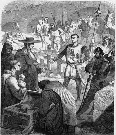 Bertrand du Guesclin (Duguesclin) (ca 1320-1380) konstapel från Frankrike som vägrar ta emot pengar från invånarna i Avignon. Gravyr i "Frankrikes historia i hundra målningar av Paul Lehugeur" ​​1891. av French School