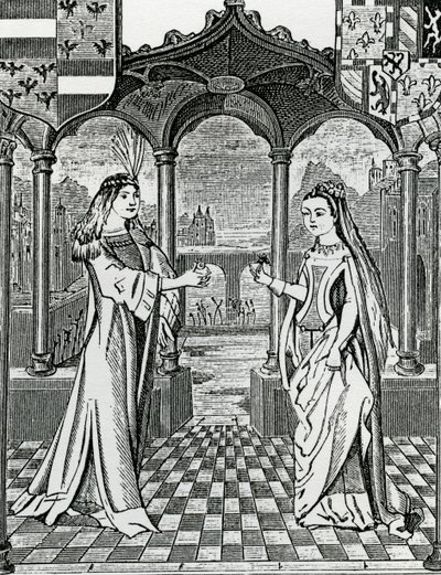 Trolovning av Maximilian I och Maria, hertiginnan av Bourgogne 1477, efter en bild i Chroniques de Flandre av French School