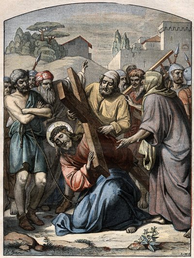 Bibelscen - Korsets väg: Jesus hjälper av Simon från Cyrene (kyrenéen). Gravyr i "" Le Pelerin"" av den 13 september 1896. av French School