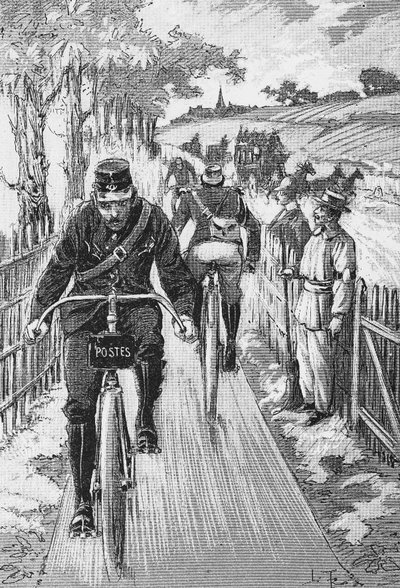 Cykelväg för faktorer: Swift projektbana av M. Berruyer - i "Theoretical and Practical Cycling"" de l. Baudry de saunier, gravyr, Bibl. de la ville de Paris. av French School