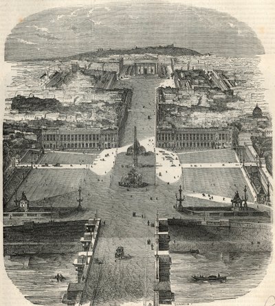 Fågelvy av Place de la Concorde, rue Royale med kyrkan Madeleine - Gravyr i "Tableau-de-Paris" av Edmond Texier 1852 av French School