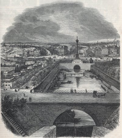 Fågelvy av Canal Saint-Martin (Saint Martin), Place och Bastille-distriktet, tagen från Seines högra strand - Gravyr i "Tableau-de-Paris" av Edmond Texier 1852 av French School