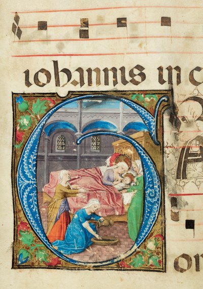 Jungfruns födelse, Gradvis, f.76 (bläck, tempera & bladguld på pergament) av French School