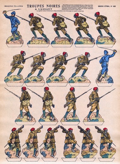 Svarta trupper stormade in franska Armee från afrikanska kolonier. Avbildning av Epinal, början av 1900-talet. av French School