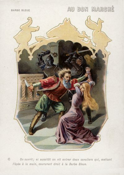 Blåskäggs fru räddas från döden i sin mans hand genom att hennes bröder kommer (chromolitho) av French School