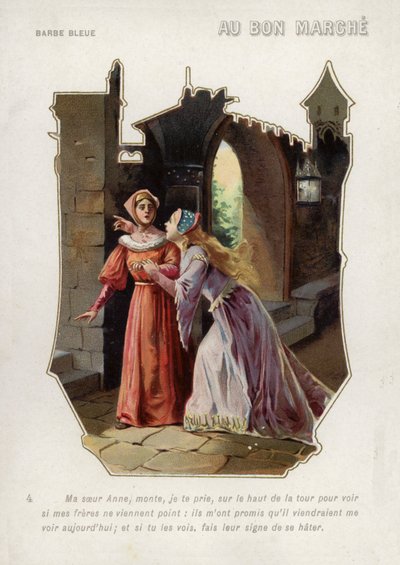 Blåskäggs fru säger åt sin syster, Anne, att klättra upp i slottets torn och hålla utkik efter sina bröder (chromolitho) av French School