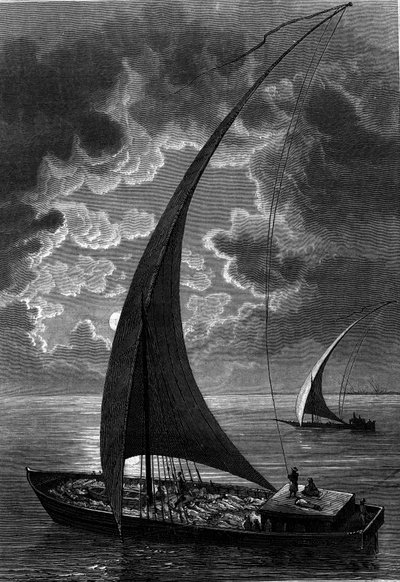 Båt (felouque) på Nilen, Egypten. Gravyr i "The Journal of Youth" av French School
