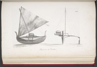 Båt från Carolineöarna, från A Picturesque Voyage Around the World, med porträtt av vildar från Amerika, Asien, Afrika och öarna i det stora havet; landskap, havsutsikt och flera naturhistoriska föremål; tillsammans med av French School