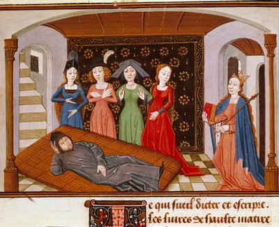 Boece (Boetius) omger filosofi och muser. Miniatyr hämtad från "The Consolation of Philosophy"" (Filosofins tröst) av Boece (eller Anicius Manlius Torquatus Severinus Boetius eller Boethius) översatt av Johannes av Meung (1240-1305). Rouen. Kommunal av French School