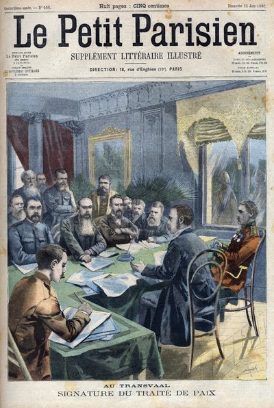 Boerkriget. Undertecknandet av Transvaals fredsavtal mellan boerhövdingar och den brittiske generalen Horatio Herbert Kitchener (1850-1916) i Pretoria, Sydafrika. Gravyr i "" Le Petit Parisien"" av French School