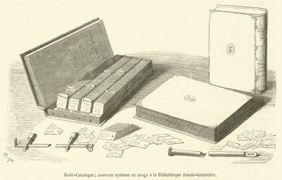 Boite-Catalogue, nytt system som används vid Bibliotheque Sainte-Genevieve (gravyr) av French School